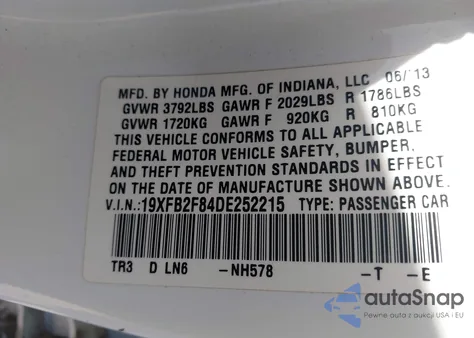 2013 Honda Civic Ex from USA, damaged, VIN 19XFB2F84DE252215